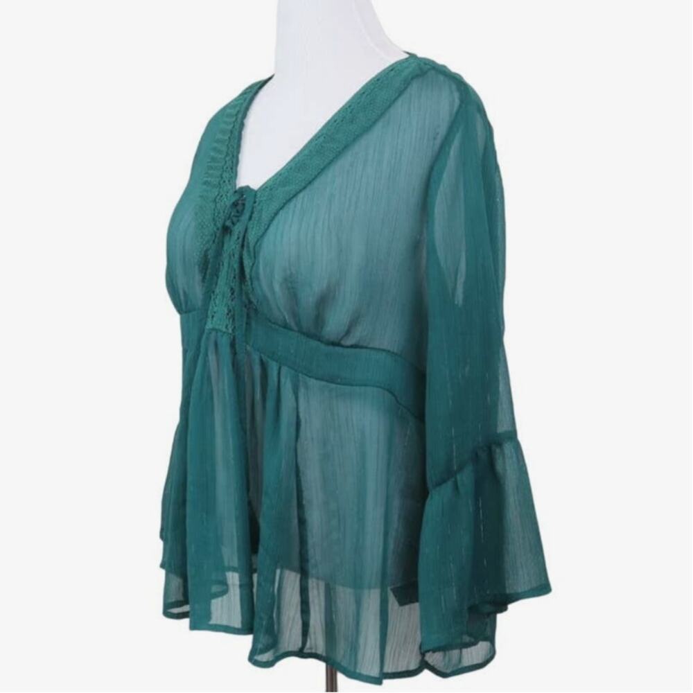 Torrid Size 0 L Babydoll Chiffon Blouse Bell Sleeve Lace-Up Green
